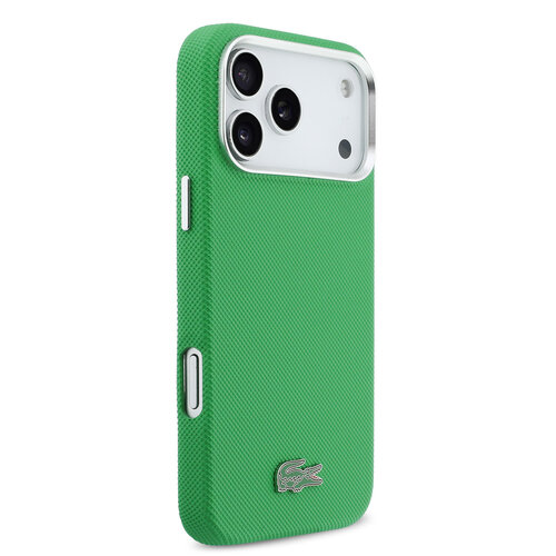 Lacoste Lacoste iPhone 17 Pro Max/iPhone 18 Pro Max Coque arrière MagSafe Bords métalliques Logo Petit Piqué iconique - Vert estragon