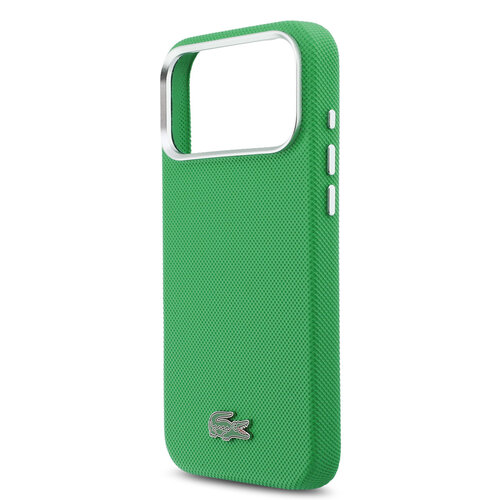 Lacoste Lacoste iPhone 17 Pro Max/iPhone 18 Pro Max Coque arrière MagSafe Bords métalliques Logo Petit Piqué iconique - Vert estragon