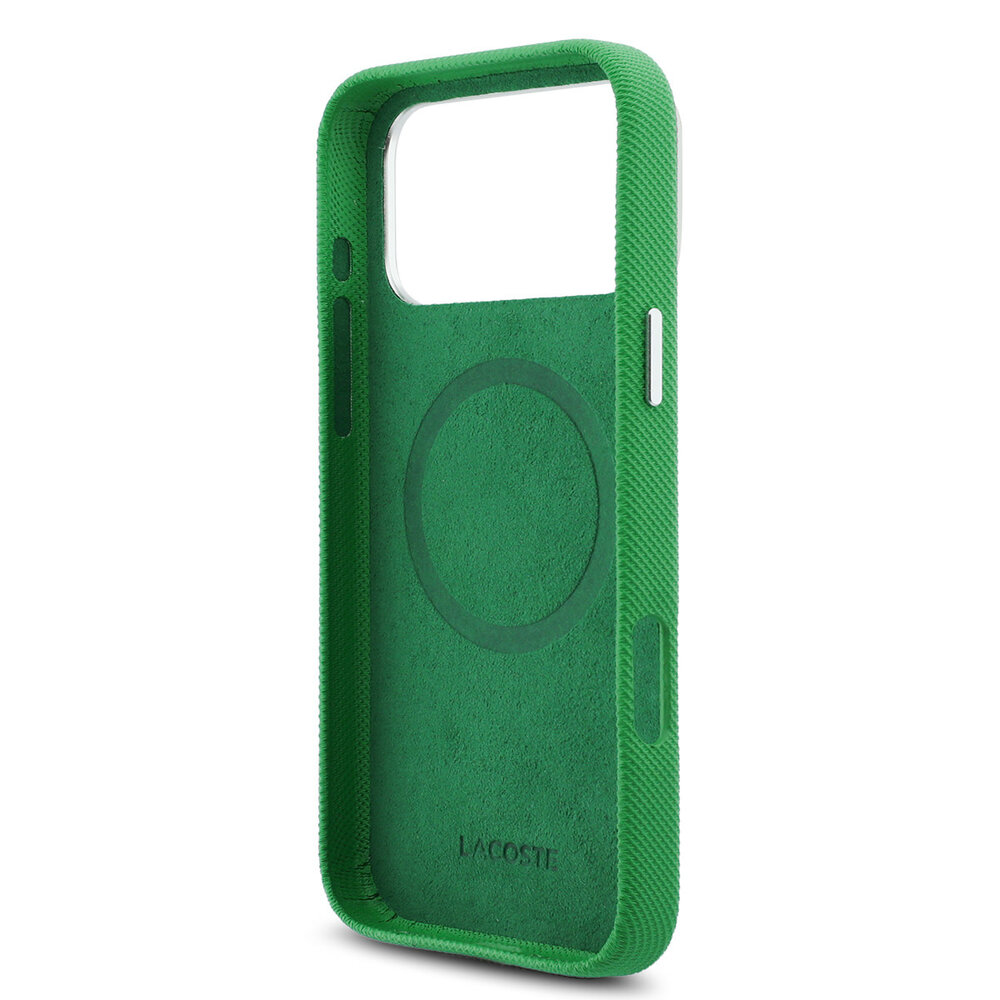 Lacoste Lacoste 17 Pro Max Backcover hoesje - MagSafe - Metal Edges - Iconic Petit Pique Logo - Estragon Green Lacoste Lacoste 17 Pro Max Backcover hoesje - MagSafe - Metal Edges - Iconic Petit Pique Logo - Estragon Green