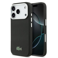 Lacoste iPhone 17 Pro Max/iPhone 18 Pro Max Coque arrière MagSafe Bords métalliques Logo Petit Piqué iconique - Noir