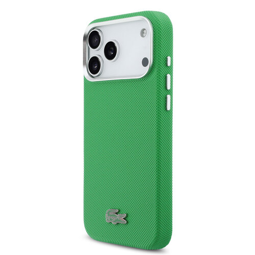 Lacoste Lacoste iPhone 17 Pro Max/iPhone 18 Pro Max Coque arrière MagSafe Bords métalliques Logo Petit Piqué iconique - Vert estragon