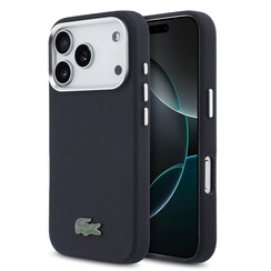 Lacoste iPhone 17 Pro/iPhone 18 Pro Coque arrière MagSafe Bords métalliques Logo Petit Piqué iconique - Bleu marine