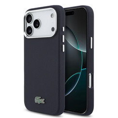 Lacoste iPhone 17 Pro Max/iPhone 18 Pro Max Coque arrière MagSafe Bords métalliques Logo Petit Piqué iconique - Bleu marine