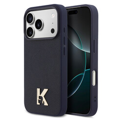 Karl Lagerfeld iPhone 17 Pro/iPhone 18 Pro Coque arrière MagSafe Cuir Saffiano Logo K & Karl métallique - Bleu marine