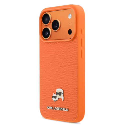 Karl Lagerfeld Karl Lagerfeld iPhone 17 Pro/iPhone 18 Pro Coque arrière MagSafe Cuir Saffiano Logo représentant les têtes de Karl & Choupette - Orange