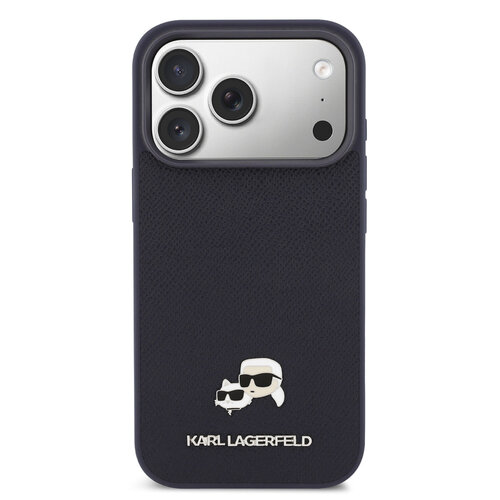 Karl Lagerfeld Karl Lagerfeld iPhone 17 Pro/iPhone 18 Pro Coque arrière MagSafe Cuir Saffiano Logo représentant les têtes de Karl & Choupette - Bleu marine
