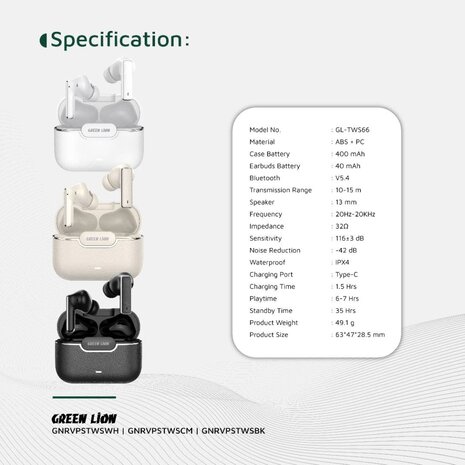 Green Lion Green Lion River Plus True Wireless Earbuds - Blanc Green Lion Green Lion River Plus True Wireless Earbuds - Blanc