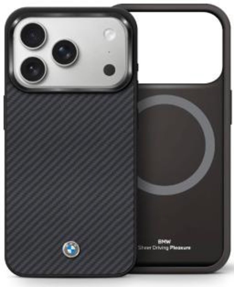 BMW BMW 17 Pro Backcover hoesje - MagSafe - Matte Carbon Fiber - Metal Propeller Logo - Zwart