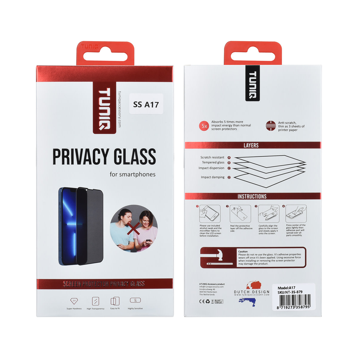 TUNIQ TUNIQ Galaxy A17 Screenprotector - Privacy Glass - Zwart, foto 4 van 4