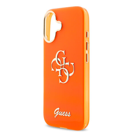 Guess Guess iPhone 17 Back-Cover hul - 4G Script Metal Logo - Silver Edge - Orange Guess Guess iPhone 17 Back-Cover hul - 4G Script Metal Logo - Silver Edge - Orange