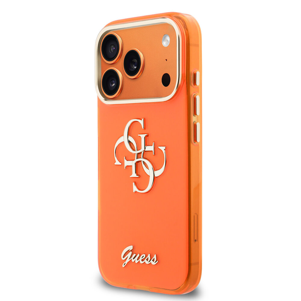 Guess Guess iPhone 17 Pro Max Backcover hoesje - 4G Script Metal Logo - Silver Edge - Oranje