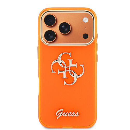 Guess Guess iPhone 17 Pro Max/iPhone 18 Pro Max Coque arrière 4G logo manuscrit métallique Bord argenté - Orange