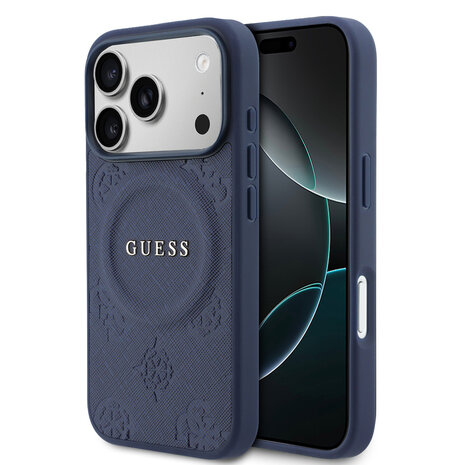 Guess Guess iPhone 17 Pro Max Back-Cover hul - Magsafe - PU Leather Peony Hot Stamp Design - Navy Guess Guess iPhone 17 Pro Max Back-Cover hul - Magsafe - PU Leather Peony Hot Stamp Design - Navy