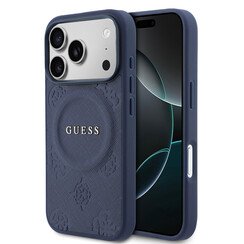 Guess iPhone 17 Pro/iPhone 18 Pro Coque arrière MagSafe Similicuir PU avec motif pivoine estampé à chaud - Bleu marine