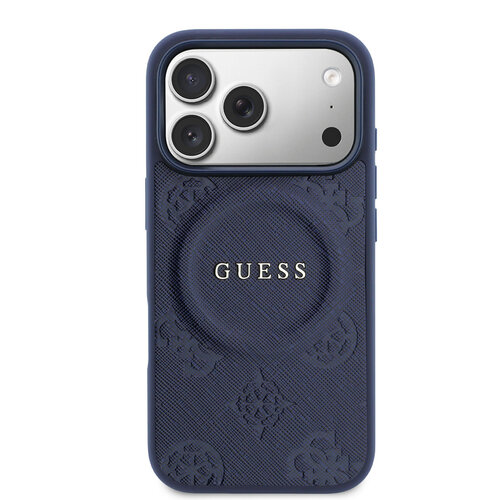 Guess Guess iPhone 17 Pro/iPhone 18 Pro Coque arrière MagSafe Similicuir PU avec motif pivoine estampé à chaud - Bleu marine