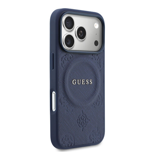 Guess Guess iPhone 17 Pro/iPhone 18 Pro Coque arrière MagSafe Similicuir PU avec motif pivoine estampé à chaud - Bleu marine