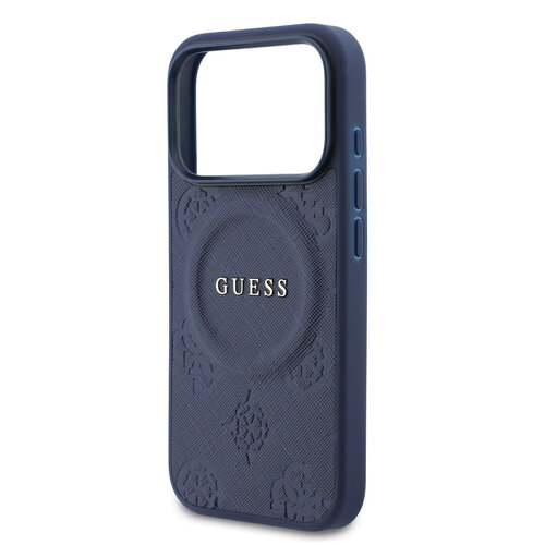 Guess Guess iPhone 17 Pro/iPhone 18 Pro Coque arrière MagSafe Similicuir PU avec motif pivoine estampé à chaud - Bleu marine
