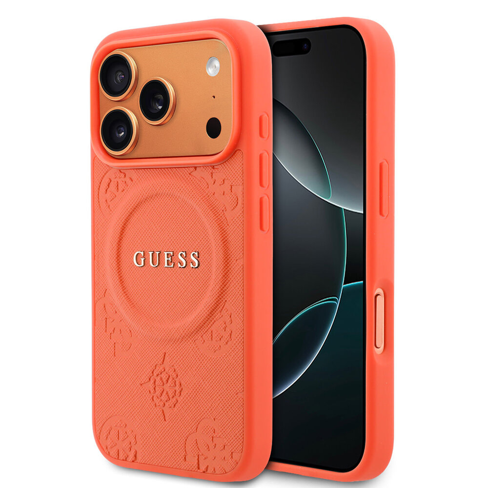Guess Guess iPhone 17 Pro Backcover hoesje - Magsafe - PU Leather Peony Hot Stamp Design - Oranje Guess Guess iPhone 17 Pro Backcover hoesje - Magsafe - PU Leather Peony Hot Stamp Design - Oranje
