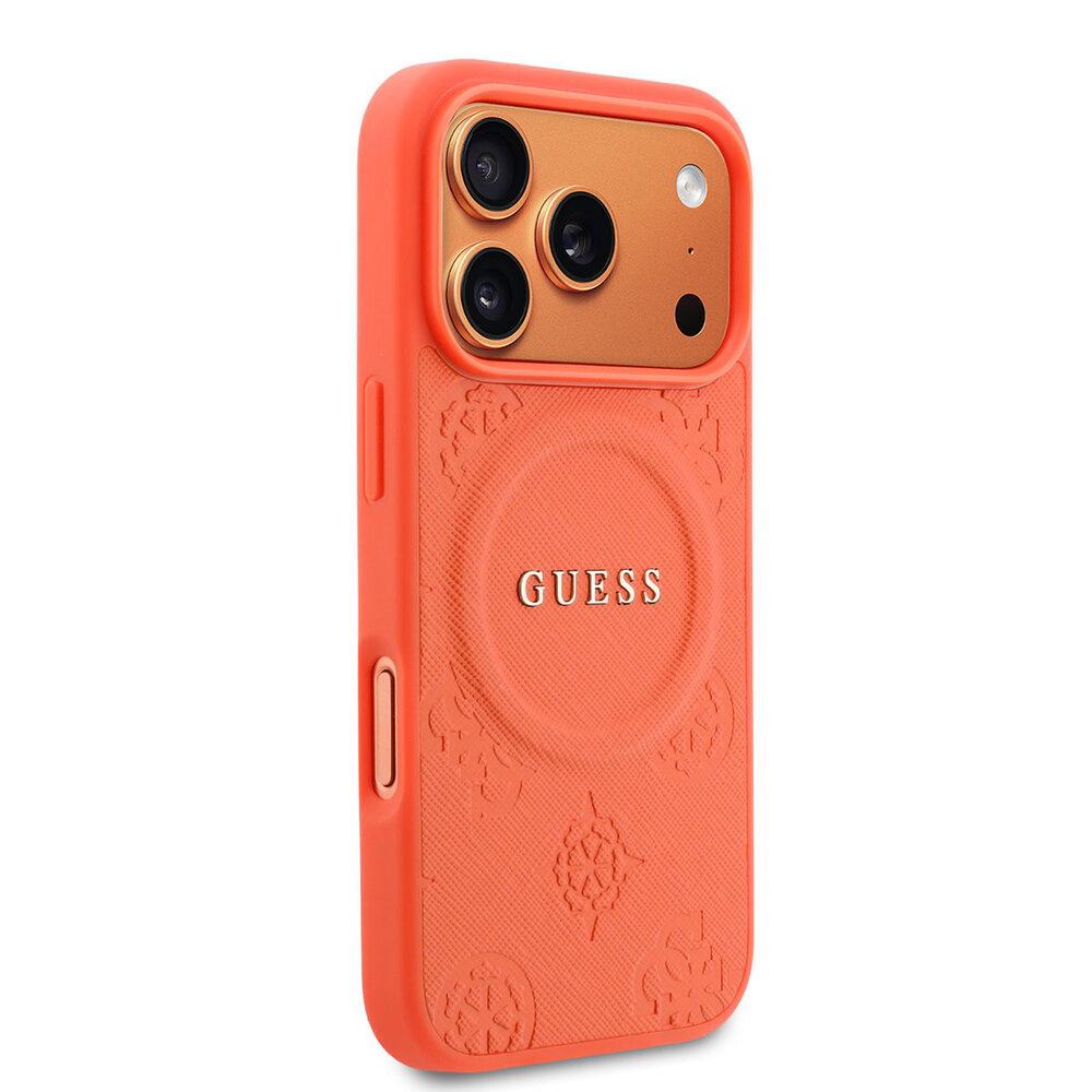 Guess Guess iPhone 17 Pro Back-Cover hul - Magsafe - PU Leather Peony Hot Stamp Design - Orange Guess Guess iPhone 17 Pro Back-Cover hul - Magsafe - PU Leather Peony Hot Stamp Design - Orange