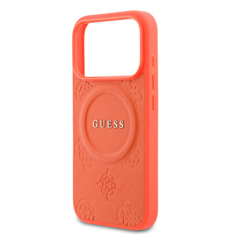 Guess Guess iPhone 17 Pro Back-Cover hul - Magsafe - PU Leather Peony Hot Stamp Design - Orange Guess Guess iPhone 17 Pro Back-Cover hul - Magsafe - PU Leather Peony Hot Stamp Design - Orange