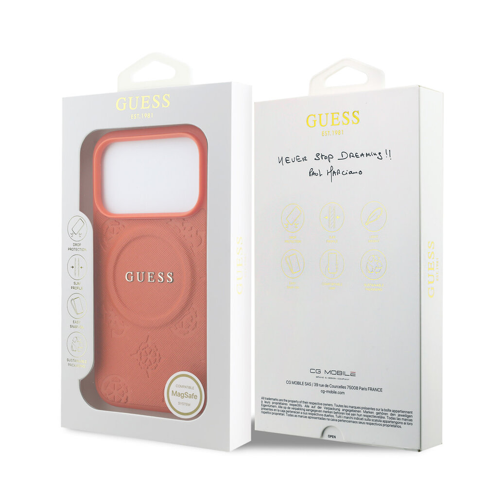 Guess Guess iPhone 17 Pro Max Back cover coque - Magsafe - PU Leather Peony Hot Stamp Design - Orange Guess Guess iPhone 17 Pro Max Back cover coque - Magsafe - PU Leather Peony Hot Stamp Design - Orange