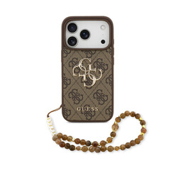 Guess iPhone 17 Pro/iPhone 18 Pro Coque arrière 4G dragonne perlée Grand logo métallique - Marron
