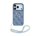 Guess Guess iPhone 17 Pro/iPhone 18 Pro Coque arrière 4G dragonne perlée Grand logo métallique - Bleu