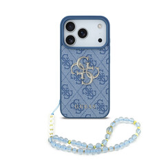 Guess iPhone 17 Pro/iPhone 18 Pro Coque arrière 4G dragonne perlée Grand logo métallique - Bleu