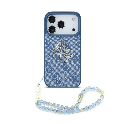 Guess Guess iPhone 17 Pro/iPhone 18 Pro Coque arrière 4G dragonne perlée Grand logo métallique - Bleu
