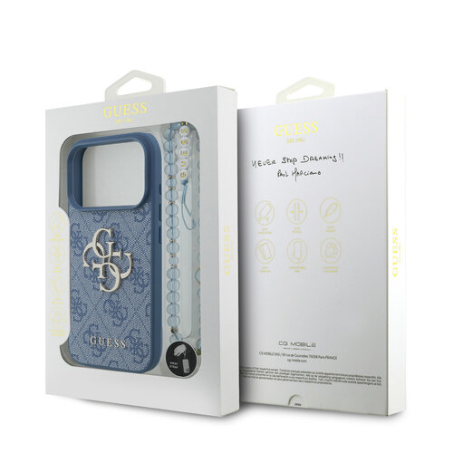 Guess Guess iPhone 17 Pro/iPhone 18 Pro Coque arrière 4G dragonne perlée Grand logo métallique - Bleu