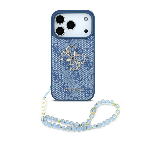 Guess Guess iPhone 17 Pro Max/iPhone 18 Pro Max Coque arrière 4G dragonne perlée Grand logo métallique - Bleu clair