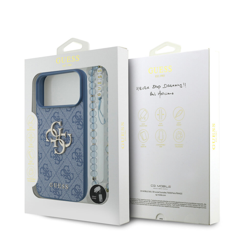 Guess Guess iPhone 17 Pro Max Back cover coque - Bleu - 4G With Pearl Strap - Big Metal Logo