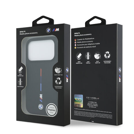 BMW BMW iPhone 17 Pro Backcover hoesje - MagSafe - Liquid Silicone - Printed Tricolor - Zwart