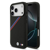 BMW BMW iPhone 17 Pro Back-Cover hul - MagSafe - PU Leather Case With Tricolor Slanted Stripes & Metal Logos - Schwarz