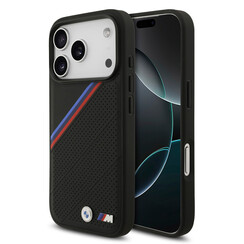 BMW iPhone 17 Pro/iPhone 18 Pro Coque arrière MagSafe Similicuir PU bandes tricolores obliques logos métalliques - Noir