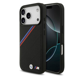 BMW BMW iPhone 17 Pro Back cover case - MagSafe - PU Leather Case With Tricolor Slanted Stripes & Metal Logos - Black