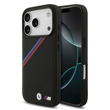 BMW BMW iPhone 17 Pro Back cover case - MagSafe - PU Leather Case With Tricolor Slanted Stripes & Metal Logos - Black