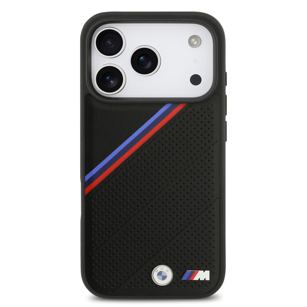 BMW BMW iPhone 17 Pro Back cover case - MagSafe - PU Leather Case With Tricolor Slanted Stripes & Metal Logos - Black