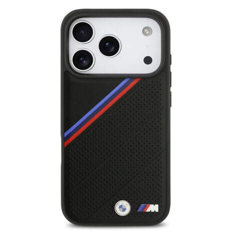 BMW BMW iPhone 17 Pro Back cover case - MagSafe - PU Leather Case With Tricolor Slanted Stripes & Metal Logos - Black