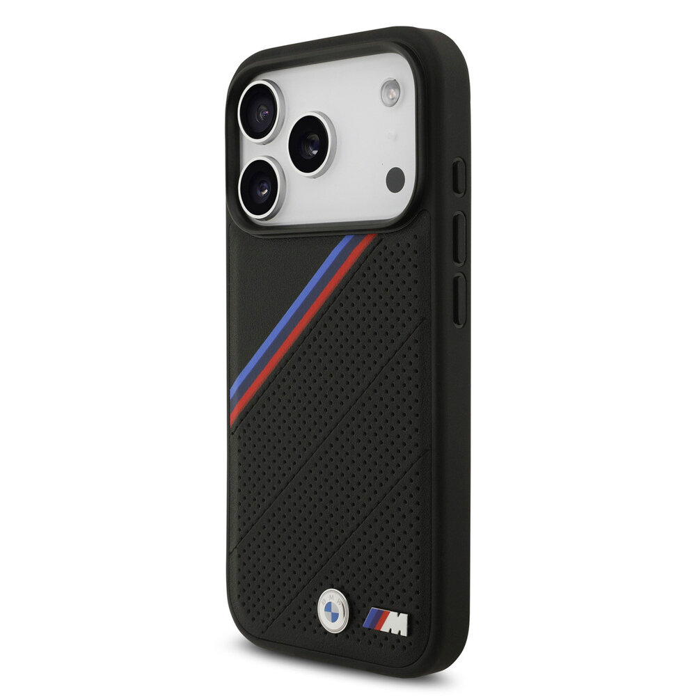 BMW BMW iPhone 17 Pro Back-Cover hul - MagSafe - PU Leather Case With Tricolor Slanted Stripes & Metal Logos - Schwarz BMW BMW iPhone 17 Pro Back-Cover hul - MagSafe - PU Leather Case With Tricolor Slanted Stripes & Metal Logos - Schwarz
