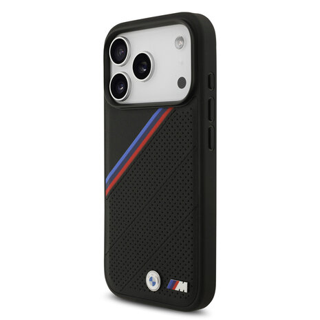 BMW BMW iPhone 17 Pro Back-Cover hul - MagSafe - PU Leather Case With Tricolor Slanted Stripes & Metal Logos - Schwarz BMW BMW iPhone 17 Pro Back-Cover hul - MagSafe - PU Leather Case With Tricolor Slanted Stripes & Metal Logos - Schwarz