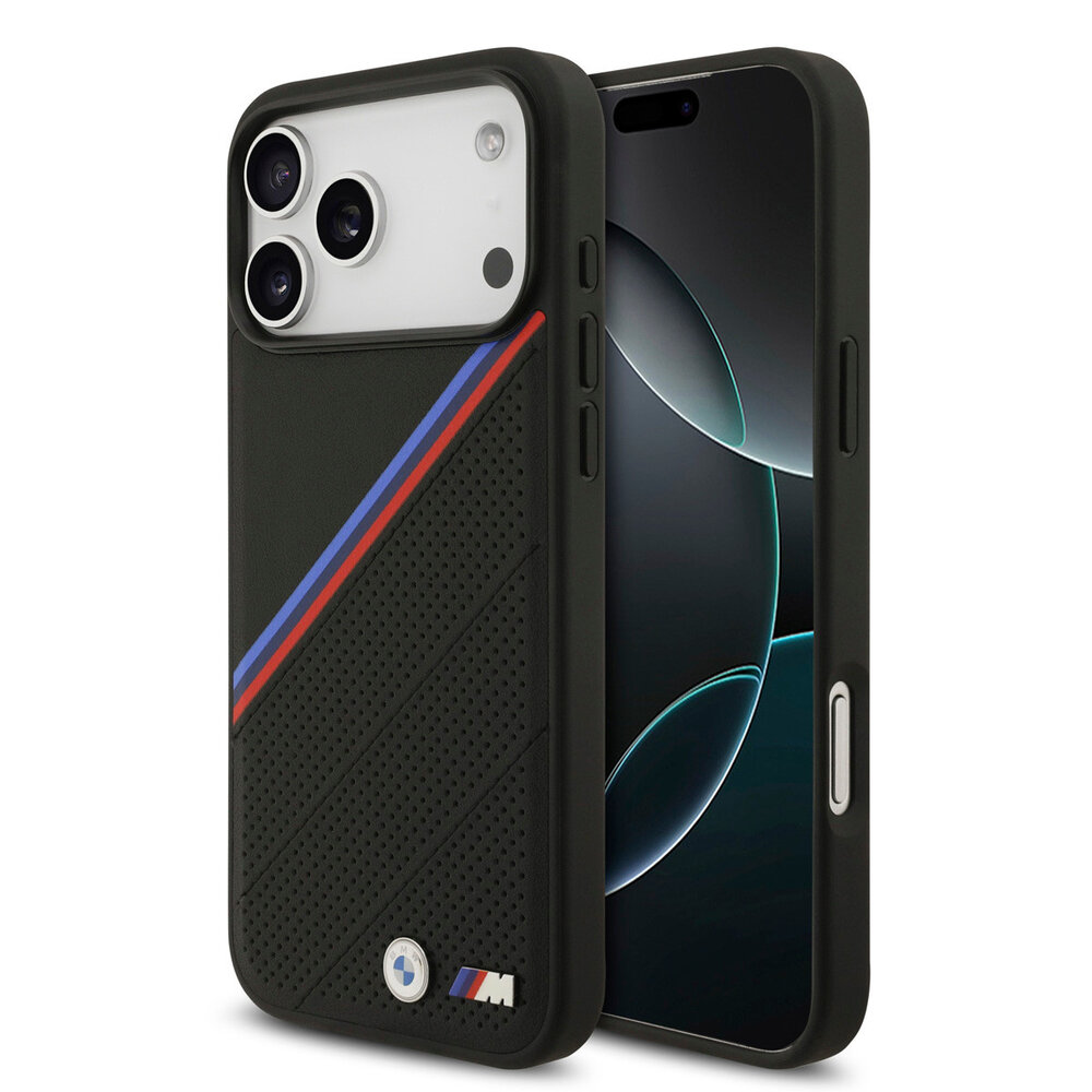 BMW BMW iPhone 17 Pro Max Backcover hoesje - MagSafe - PU Leather Case With Tricolor Slanted Stripes & Metal Logos - Zwart BMW BMW iPhone 17 Pro Max Backcover hoesje - MagSafe - PU Leather Case With Tricolor Slanted Stripes & Metal Logos - Zwart