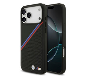 BMW BMW iPhone 17 Pro Max Backcover hoesje - MagSafe - PU Leather Case With Tricolor Slanted Stripes & Metal Logos - Zwart BMW BMW iPhone 17 Pro Max Backcover hoesje - MagSafe - PU Leather Case With Tricolor Slanted Stripes & Metal Logos - Zwart