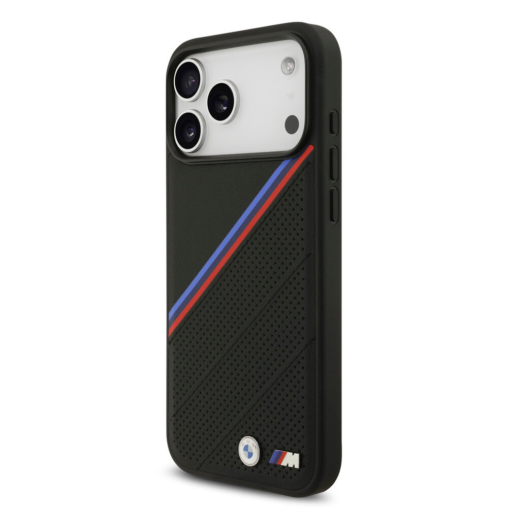BMW BMW iPhone 17 Pro Max Back cover case - MagSafe - PU Leather Case With Tricolor Slanted Stripes & Metal Logos - Black BMW BMW iPhone 17 Pro Max Back cover case - MagSafe - PU Leather Case With Tricolor Slanted Stripes & Metal Logos - Black