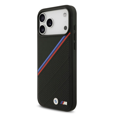 BMW BMW iPhone 17 Pro Max Back cover coque - Noir - MagSafe - PU Leather Case With Tricolor Slanted Stripes & Metal Logos BMW BMW iPhone 17 Pro Max Back cover coque - Noir - MagSafe - PU Leather Case With Tricolor Slanted Stripes & Metal Logos