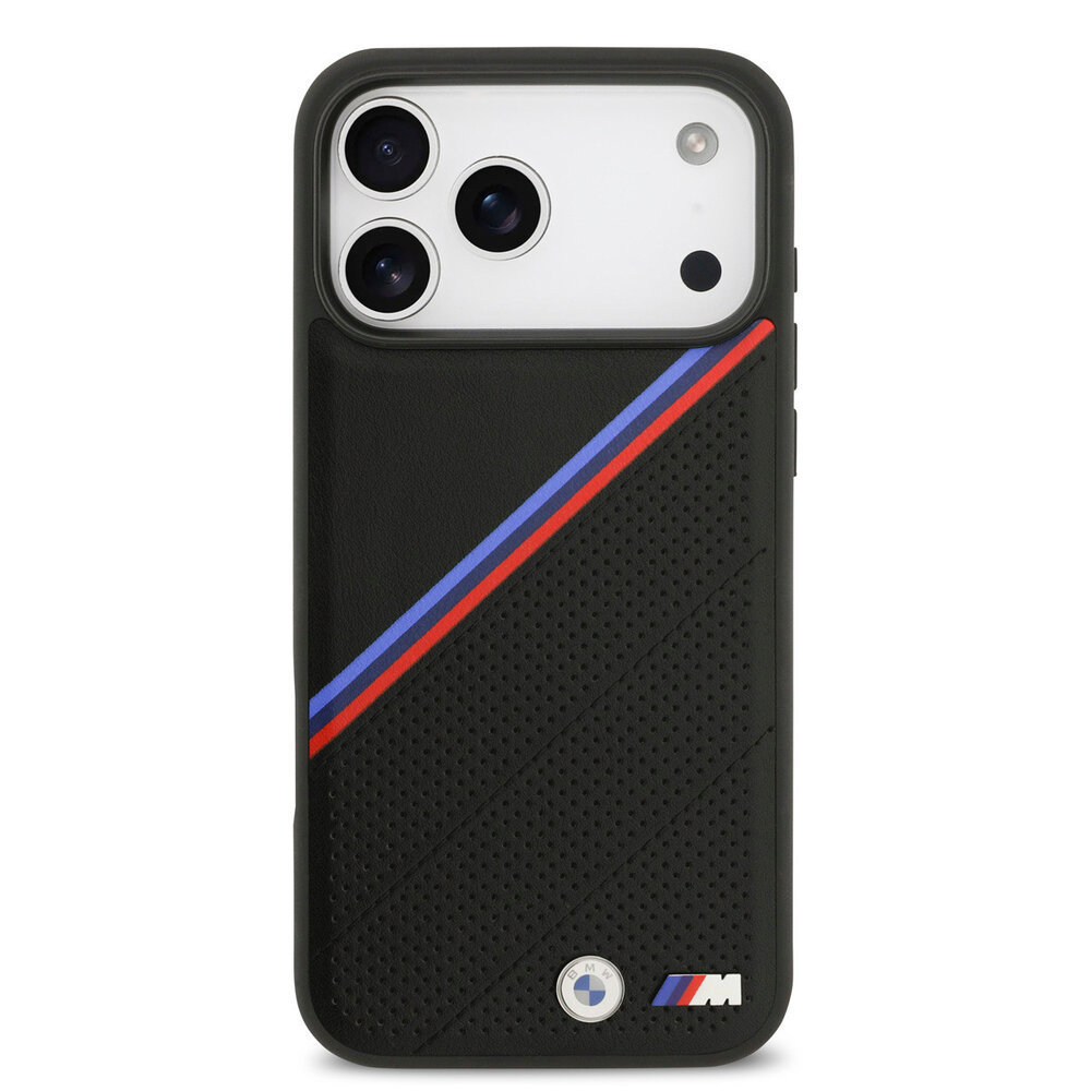 BMW BMW iPhone 17 Pro Max Back cover coque - Noir - MagSafe - PU Leather Case With Tricolor Slanted Stripes & Metal Logos BMW BMW iPhone 17 Pro Max Back cover coque - Noir - MagSafe - PU Leather Case With Tricolor Slanted Stripes & Metal Logos