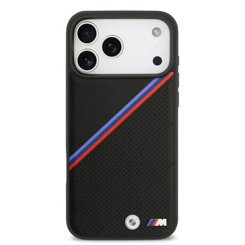 BMW BMW iPhone 17 Pro Max/iPhone 18 Pro Max Coque arrière MagSafe Similicuir PU bandes tricolores obliques logos métalliques - Noir