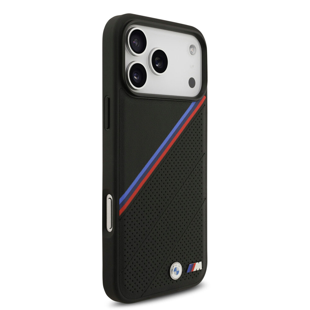 BMW BMW iPhone 17 Pro Max Back cover case - MagSafe - PU Leather Case With Tricolor Slanted Stripes & Metal Logos - Black BMW BMW iPhone 17 Pro Max Back cover case - MagSafe - PU Leather Case With Tricolor Slanted Stripes & Metal Logos - Black