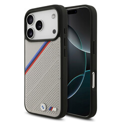 BMW iPhone 17 Pro Backcover hoesje - MagSafe - PU Leather Case With Tricolor Slanted Stripes & Metal Logos - Beige
