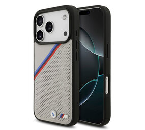BMW BMW iPhone 17 Pro Back cover case - MagSafe - PU Leather Case With Tricolor Slanted Stripes & Metal Logos - Beige BMW BMW iPhone 17 Pro Back cover case - MagSafe - PU Leather Case With Tricolor Slanted Stripes & Metal Logos - Beige